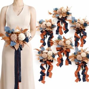 Bridesmaid Bouquet Set - Navy & Rust Floral Wrist Corsages